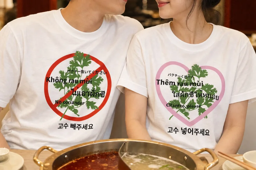 고수를 빼달라는 티셔츠와 넣어달라는 티셔츠를 입은 커플