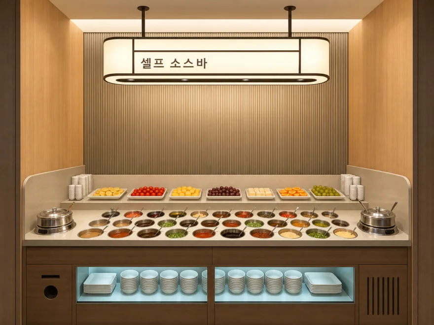셀프 소스바 전경 — 여러 가지 소스가 담긴 스테인리스 통이 줄지어 있고 위쪽에 채소와 과일 접시, 아래 진열장에 그릇이 놓여 있다