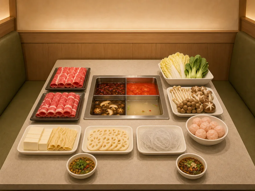 식탁 전경 — 네 칸으로 나뉜 전골 냄비에 마라·토마토·버섯·맑은 탕이 담겨 있고, 둘레에 소고기·채소·버섯·완자·두부·연근·당면 접시와 소스 종지 두 개가 놓여 있다